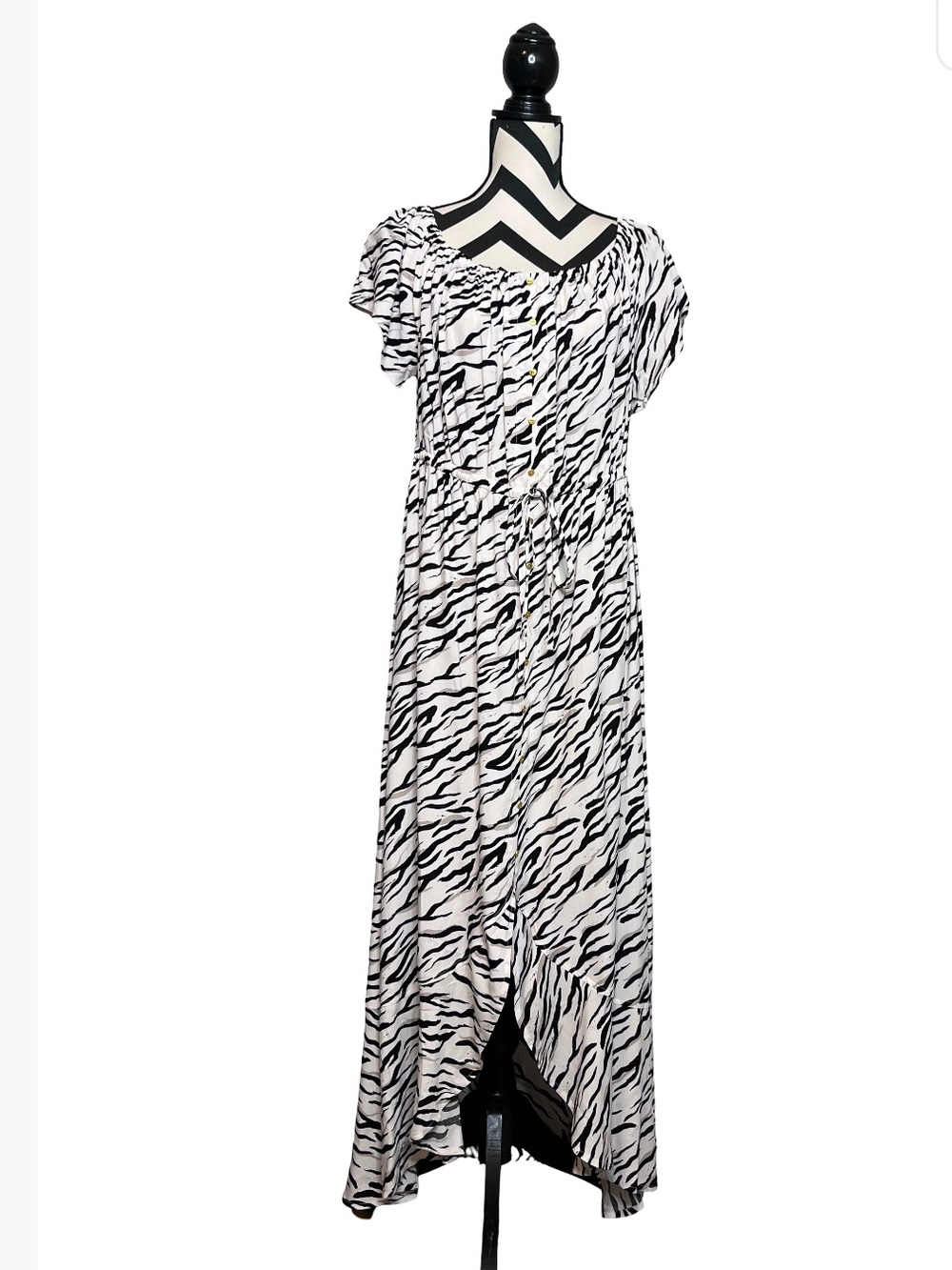 Boho Safari Resort Wear Y2K Short-Sleeve Drawstring Waist Maxi Dress Sz L